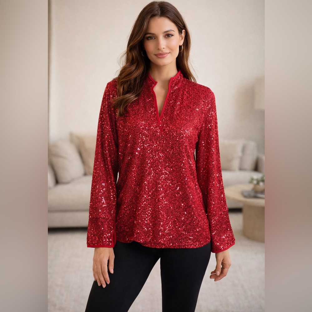 Vince Camuto Women’s Red Sequin V-Neck Long Sleeve Blouse Size Small